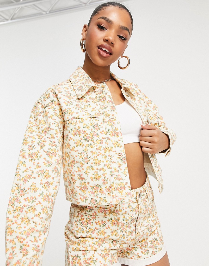 Miss Selfridge floral cropped shacket in yellow