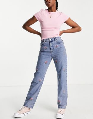 Miss Selfridge floral embroided dad jean in mid wash