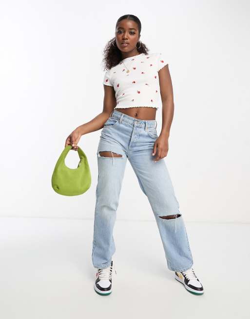 Miss Selfridge floral embroidered ribbed tee in white, 2 of 4