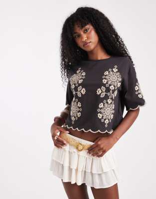 Miss Selfridge floral embroidered top in charcoal-White