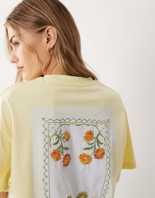 Miss Selfridge floral graphic tshirt with embroidery in buttermilk, 4 of 4