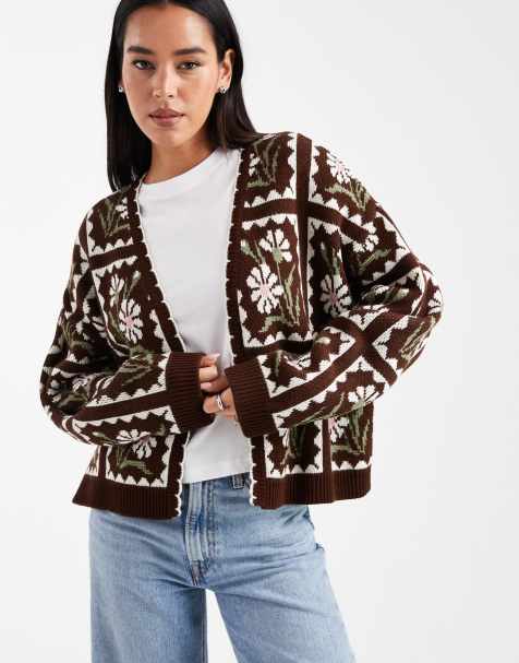 Miss Selfridge floral knit open cardigan in chocolate - view 1