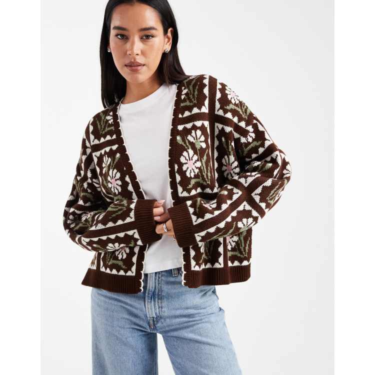 Miss Selfridge floral knit open cardigan in chocolate ASOS