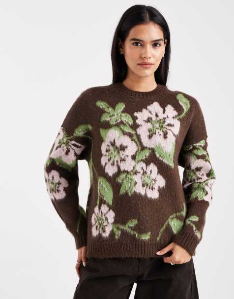 Miss Selfridge floral knitted jumper in choc - view 1