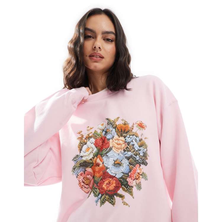 Miss Selfridge floral oversized sweatshirt in pale pink