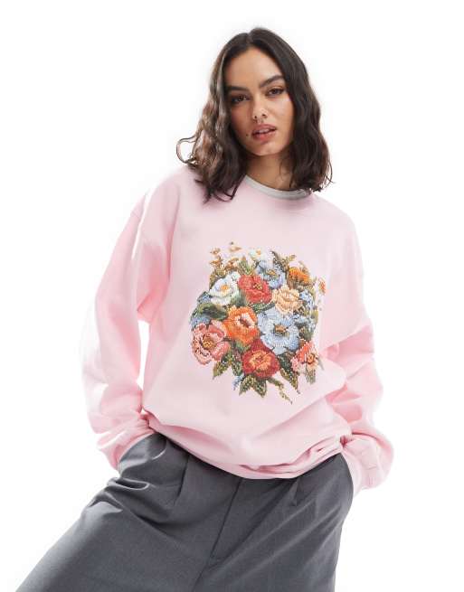 Miss Selfridge floral oversized sweatshirt in pale pink, 4 of 4