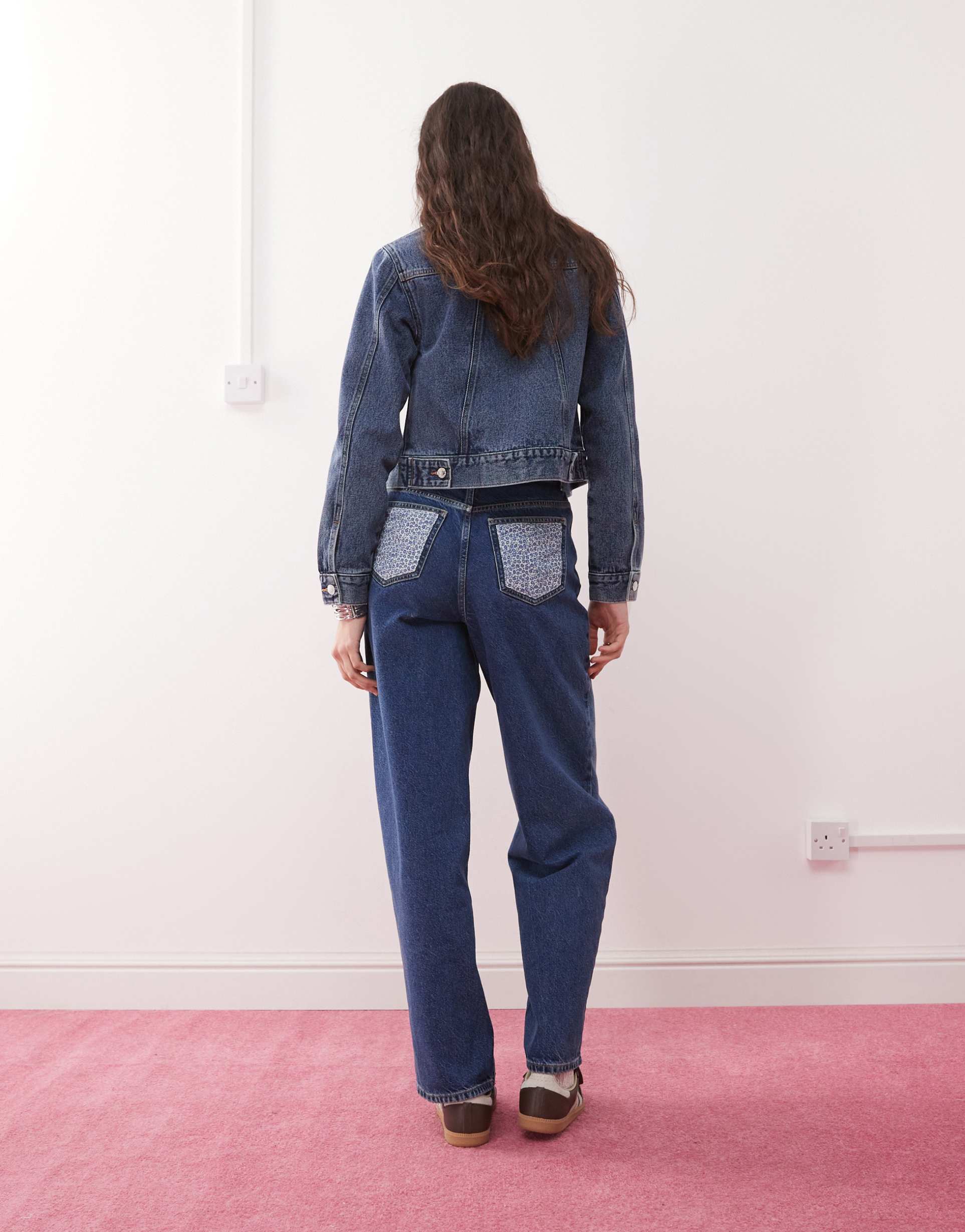 miss selfridge floral patched baggy jeans in blue wash