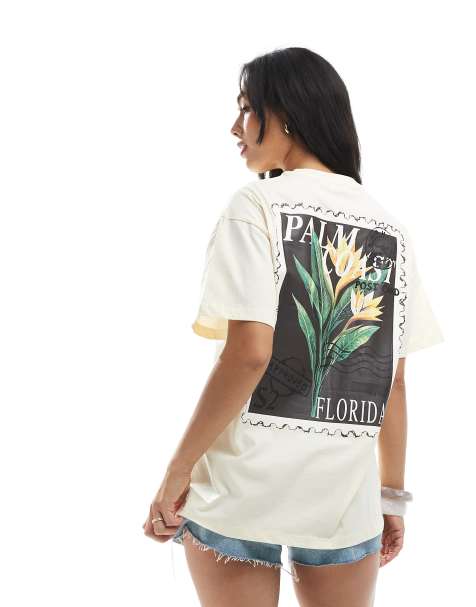 Miss Selfridge floral postcard palm coast t-shirt in butter - view 1