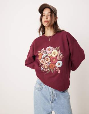 floral print oversized sweatshirt in burgundy-Red