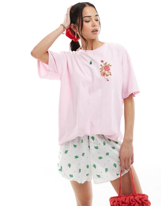Miss Selfridge floral print oversized tee in pink