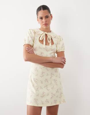 Miss Selfridge Floral Printed Mini Rib Mini Dress With Peter Pan Collar-yellow