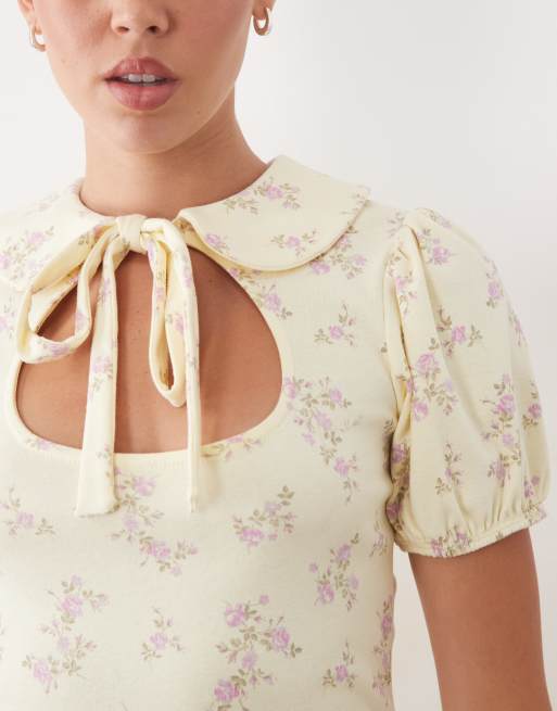 Miss Selfridge floral printed mini rib mini dress with peter pan collar, 3 of 4