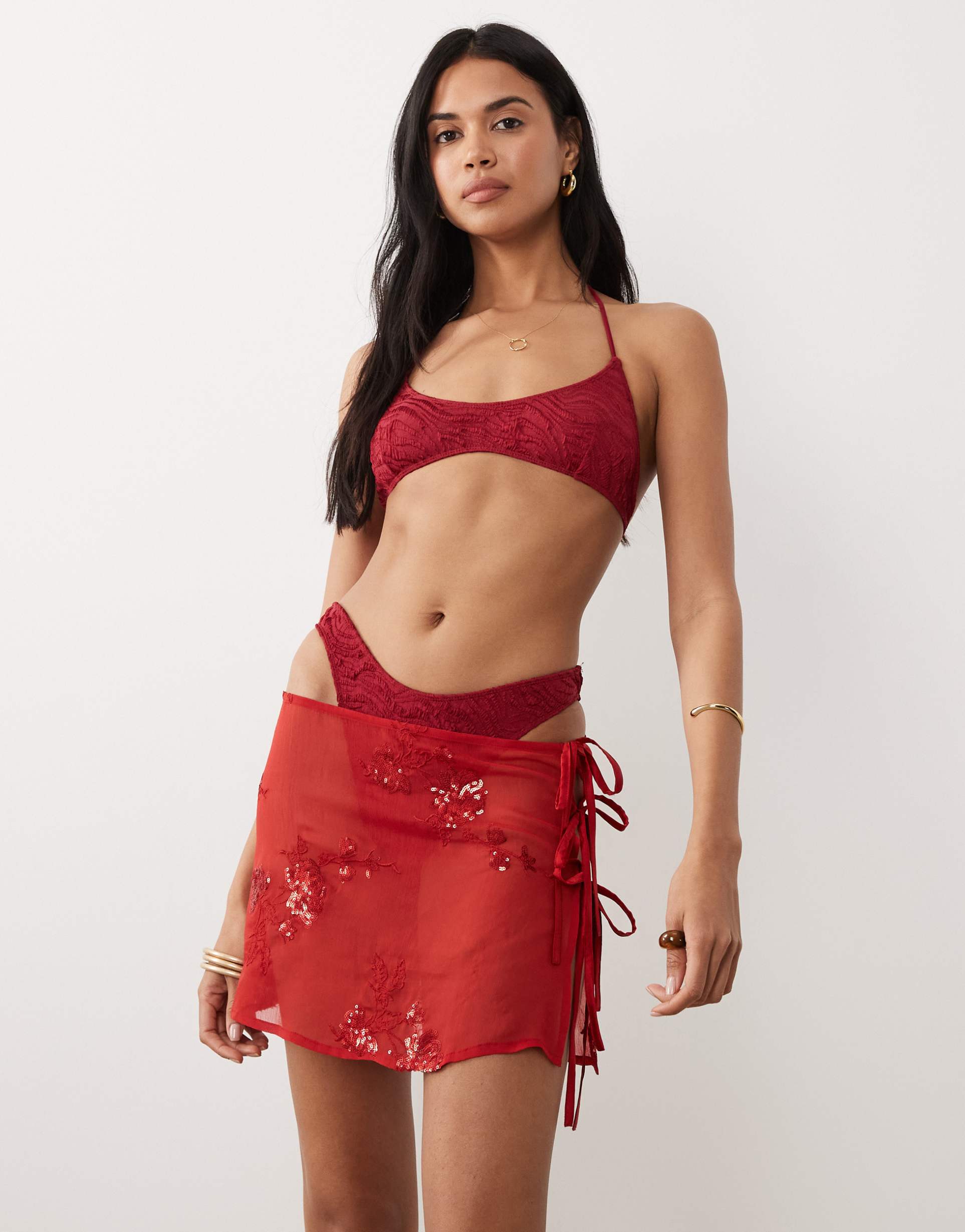 miss selfridge floral sequined mini tie side beach sarong in red