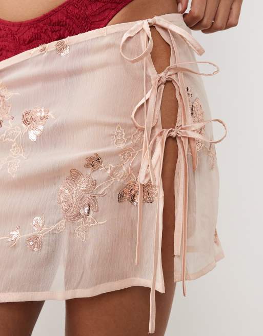Miss Selfridge floral sequined mini tie side beach sarong in rose gold, 3 of 5