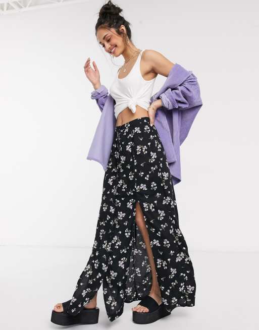 Miss Selfridge floral split maxi skirt in black