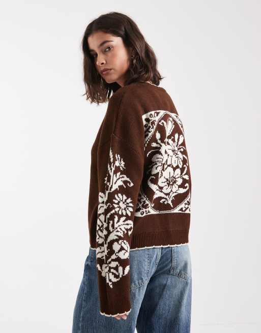 Miss Selfridge floral stamp blanket stitch cardigan in chocolate, 2 of 4
