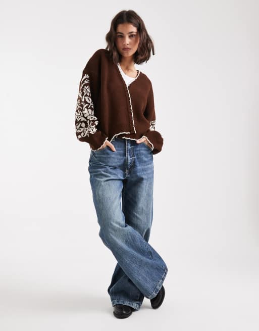 Miss Selfridge floral stamp blanket stitch cardigan in chocolate, 3 of 4