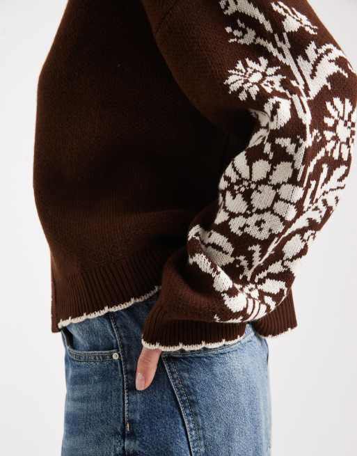 Miss Selfridge floral stamp blanket stitch cardigan in chocolate, 4 of 4