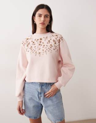 Miss Selfridge Floral Sweatshirt With Embellishment In Pink