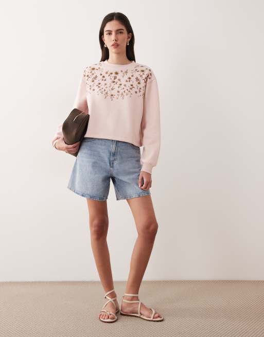 Miss Selfridge floral sweatshirt with embellishment in pink, 2 of 4