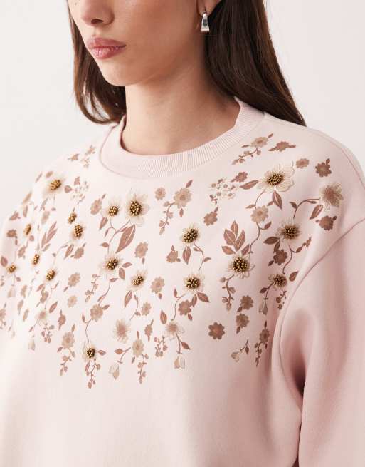 Miss Selfridge floral sweatshirt with embellishment in pink, 3 of 4