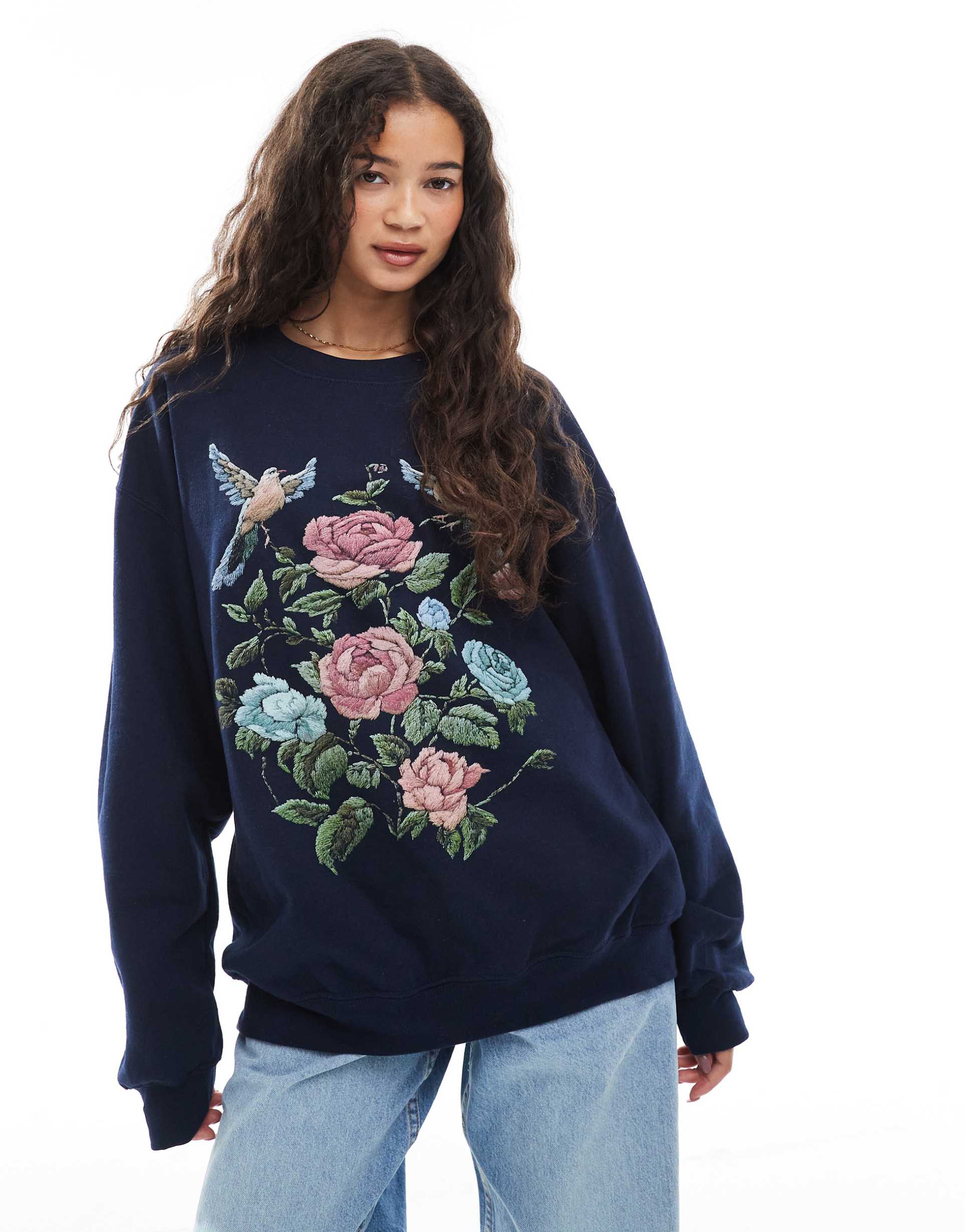 miss selfridge floral tapestry oversized sweatshirt in navy