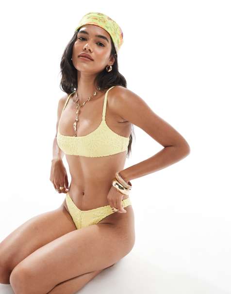 Miss Selfridge floral towelling bikini top in yellow - view 1