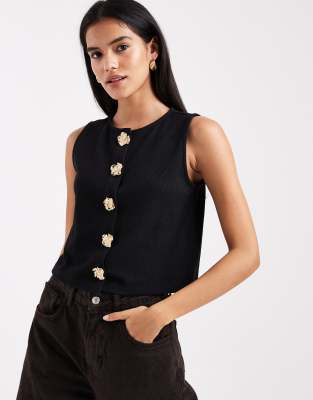 Miss Selfridge Flower Metal Trim Vest In Black