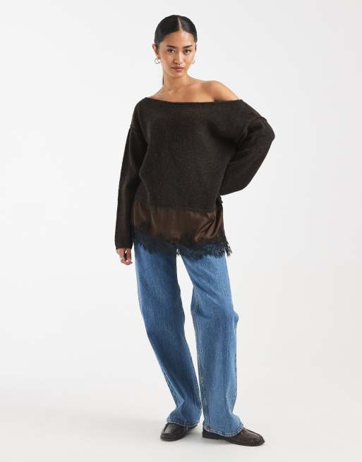 Miss Selfridge fluffy asym jumper with contrast satin lace hem in chocolate, 2 of 4