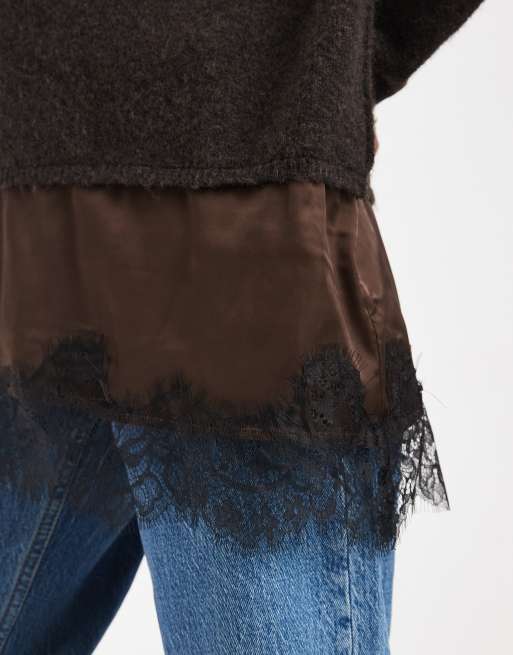 Miss Selfridge fluffy asym jumper with contrast satin lace hem in chocolate, 4 of 4
