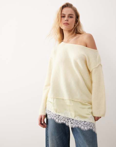 Miss Selfridge fluffy asymmetric jumper with contrast satin lace hem in pale yellow - view 1