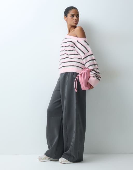 Miss Selfridge fluffy asymmetric stripe knit jumper in pink stripe, 3 of 4