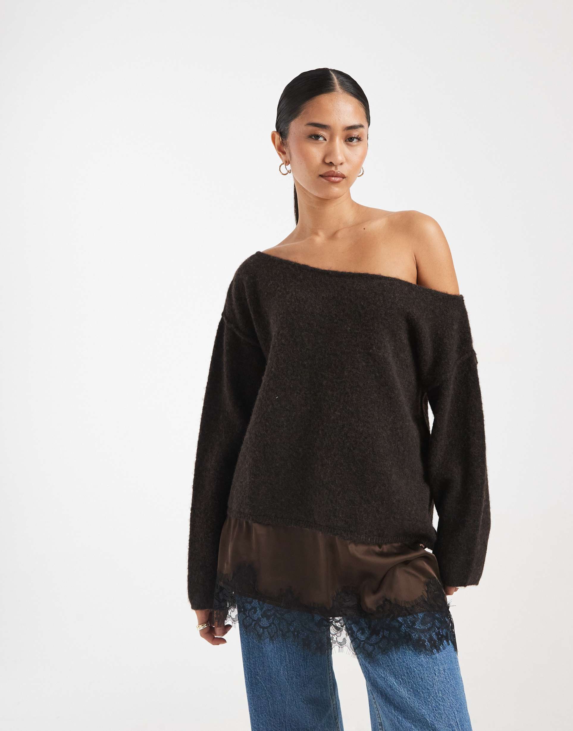 miss selfridge fluffy asymmetric sweater with contrast satin and lace hem in chocolate