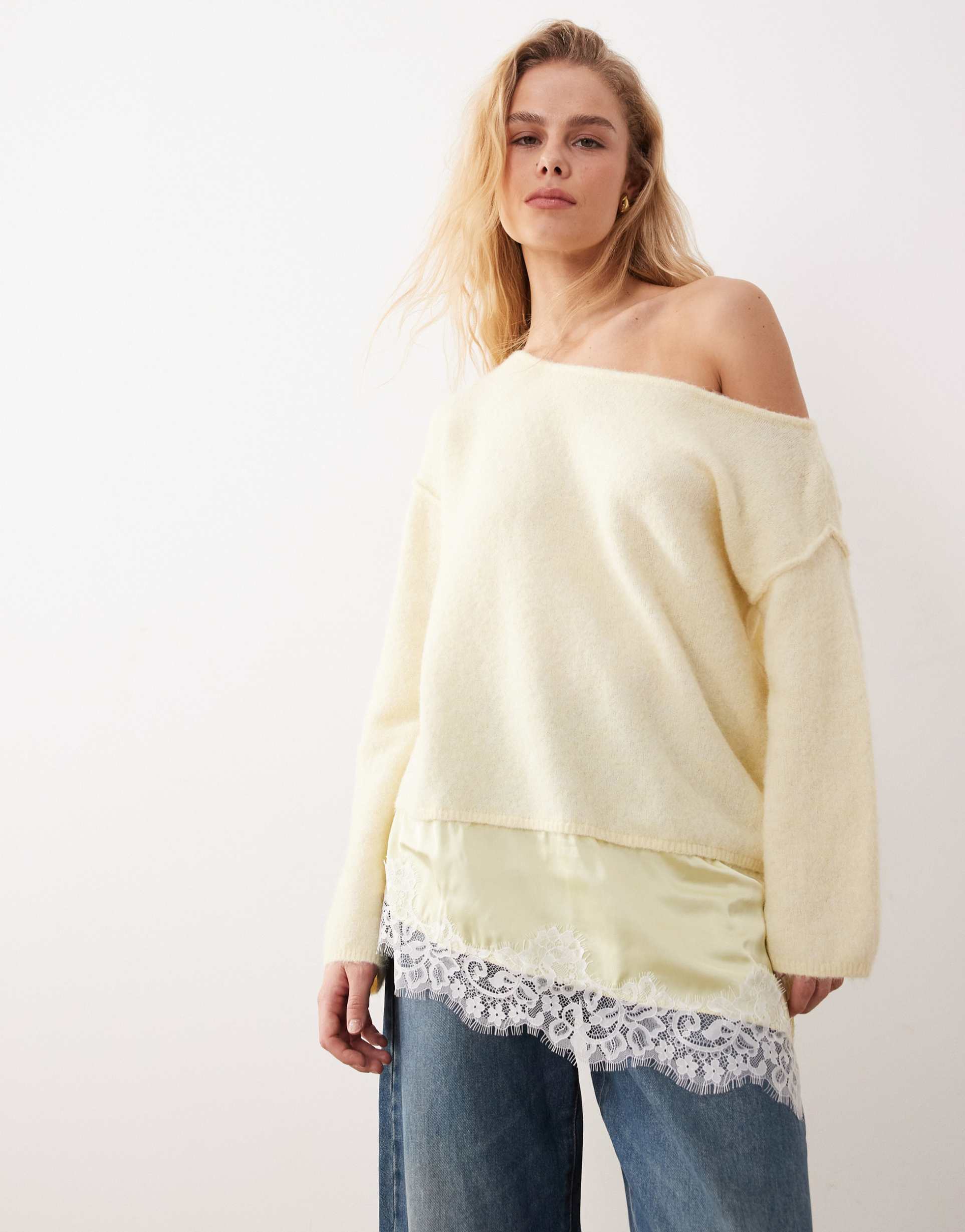 miss selfridge fluffy asymmetric sweater with contrast satin and lace hem in pale yellow