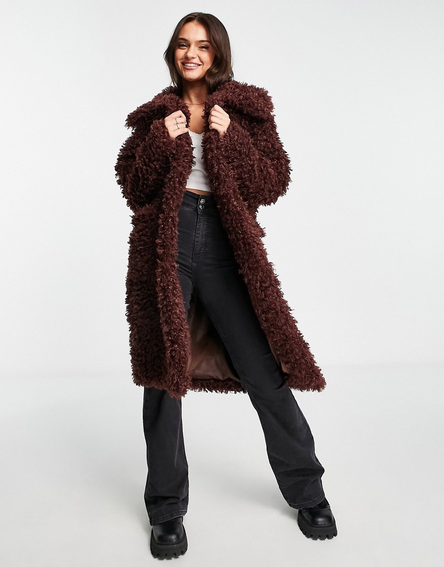 Miss Selfridge fluffy borg coat in chocolate-Brown