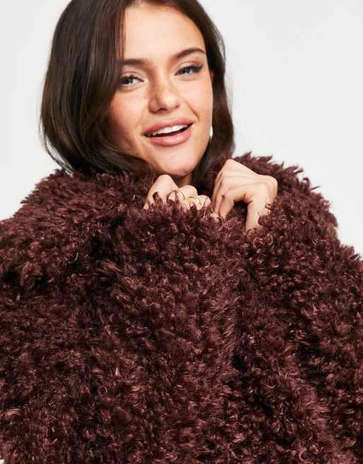 Miss Selfridge fluffy borg coat in chocolate