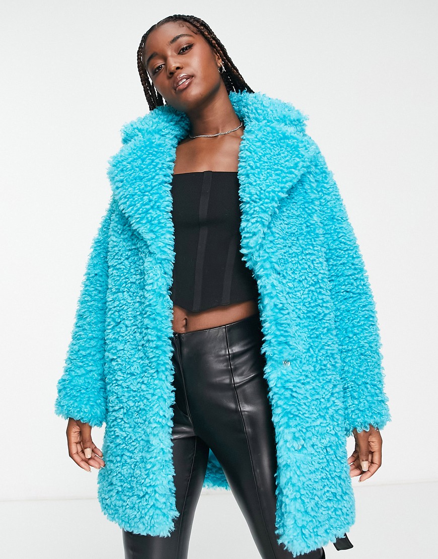 Miss Selfridge fluffy borg faux leather wrap coat in bright blue