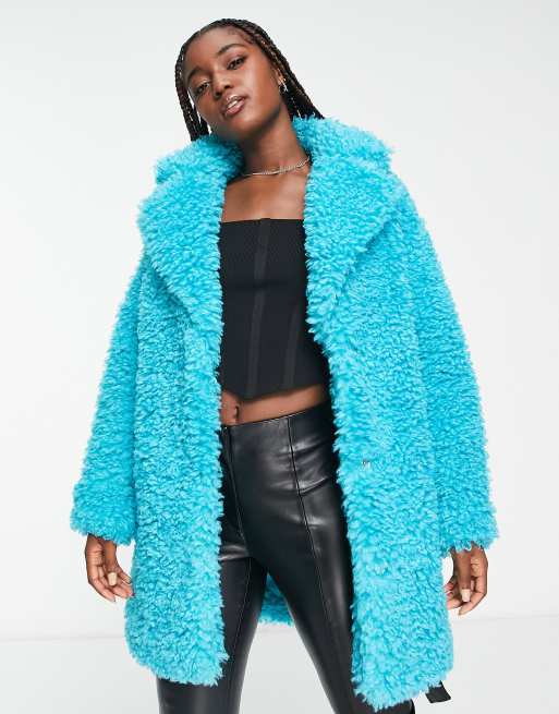 Miss Selfridge fluffy borg faux leather wrap coat in bright blue ASOS