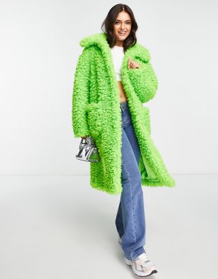 Miss Selfridge Fluffy Borg Maxi Coat In Bright Green