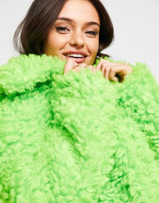 Miss Selfridge fluffy borg maxi coat in bright green