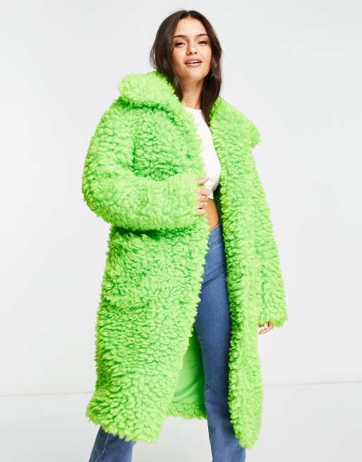 Miss Selfridge fluffy borg maxi coat in bright green