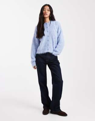 Miss Selfridge Fluffy Cable Knit Crew Neck Cardigan In Blue