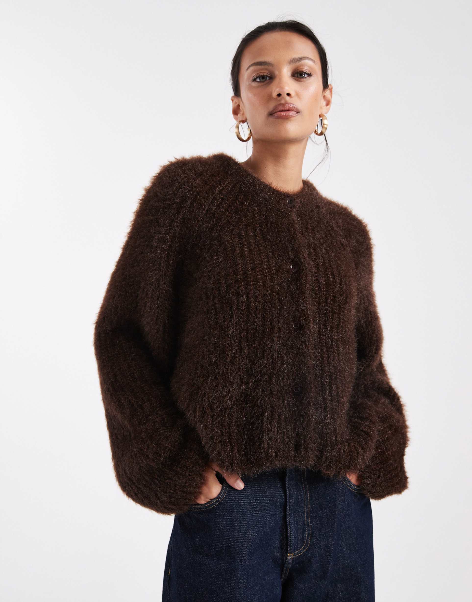 miss selfridge fluffy cardigan in chocolate