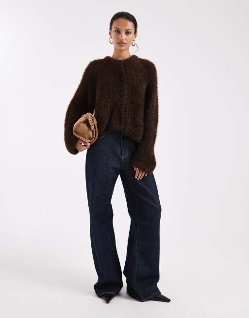 Miss Selfridge fluffy cardigan in chocolate, 3 of 4