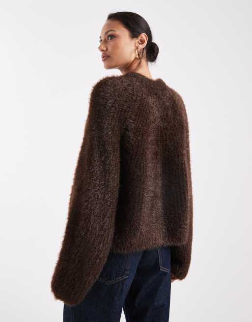 Miss Selfridge fluffy cardigan in chocolate, 4 of 4