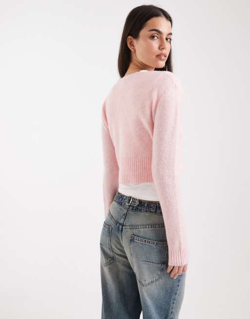 Miss Selfridge fluffy crop cardigan in pink, 3 of 4