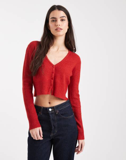 Miss Selfridge fluffy crop cardigan in red