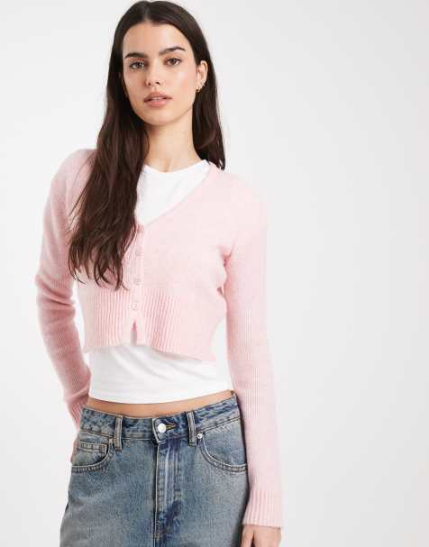 Miss Selfridge fluffy cropped cardigan in pink - view 1