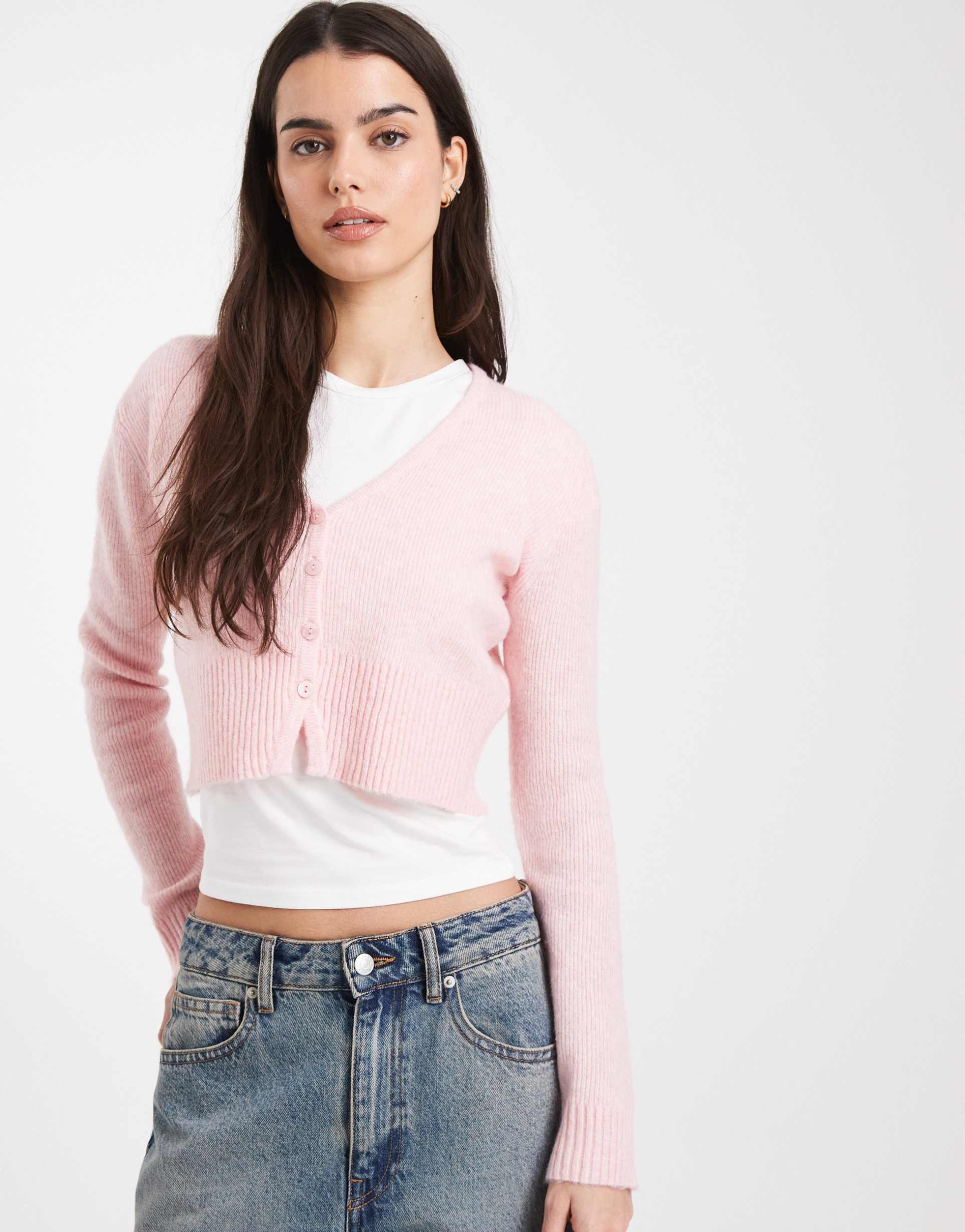 miss selfridge fluffy cropped cardigan in pink