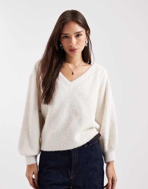 Miss Selfridge fluffy off the shoulder slouchy sweat in cream - view 1